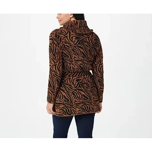 Barefoot Dreams - CozyChic Zebra Fringe Cardigan Sweater - Honey & Black Size M - Picture 2 of 12